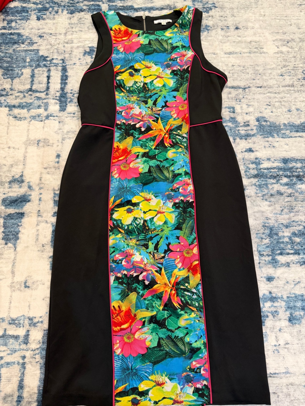 Spense Black Dress with Bright Tropical Floral Center Panel and Pink Piping
